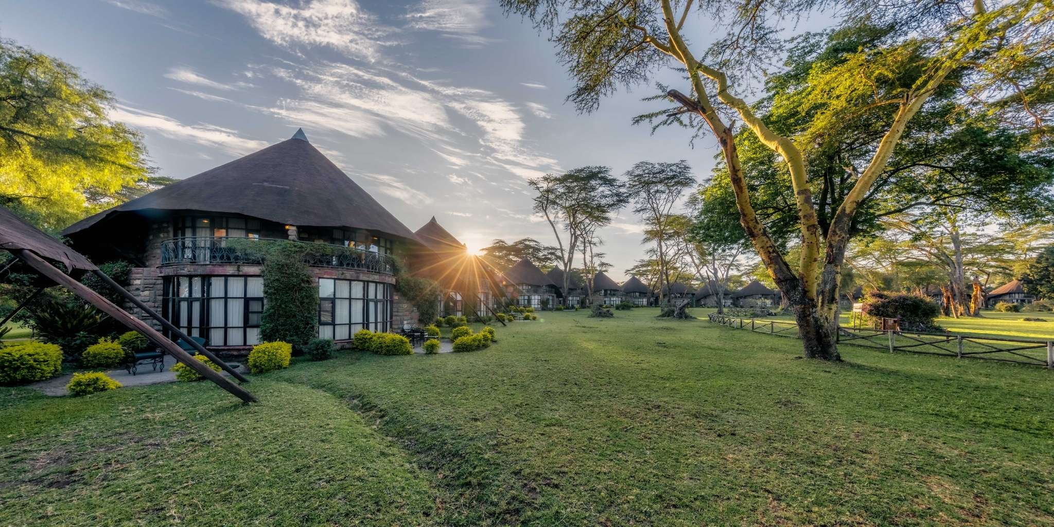 Lake Naivasha Sopa Lodge with sun setting behind