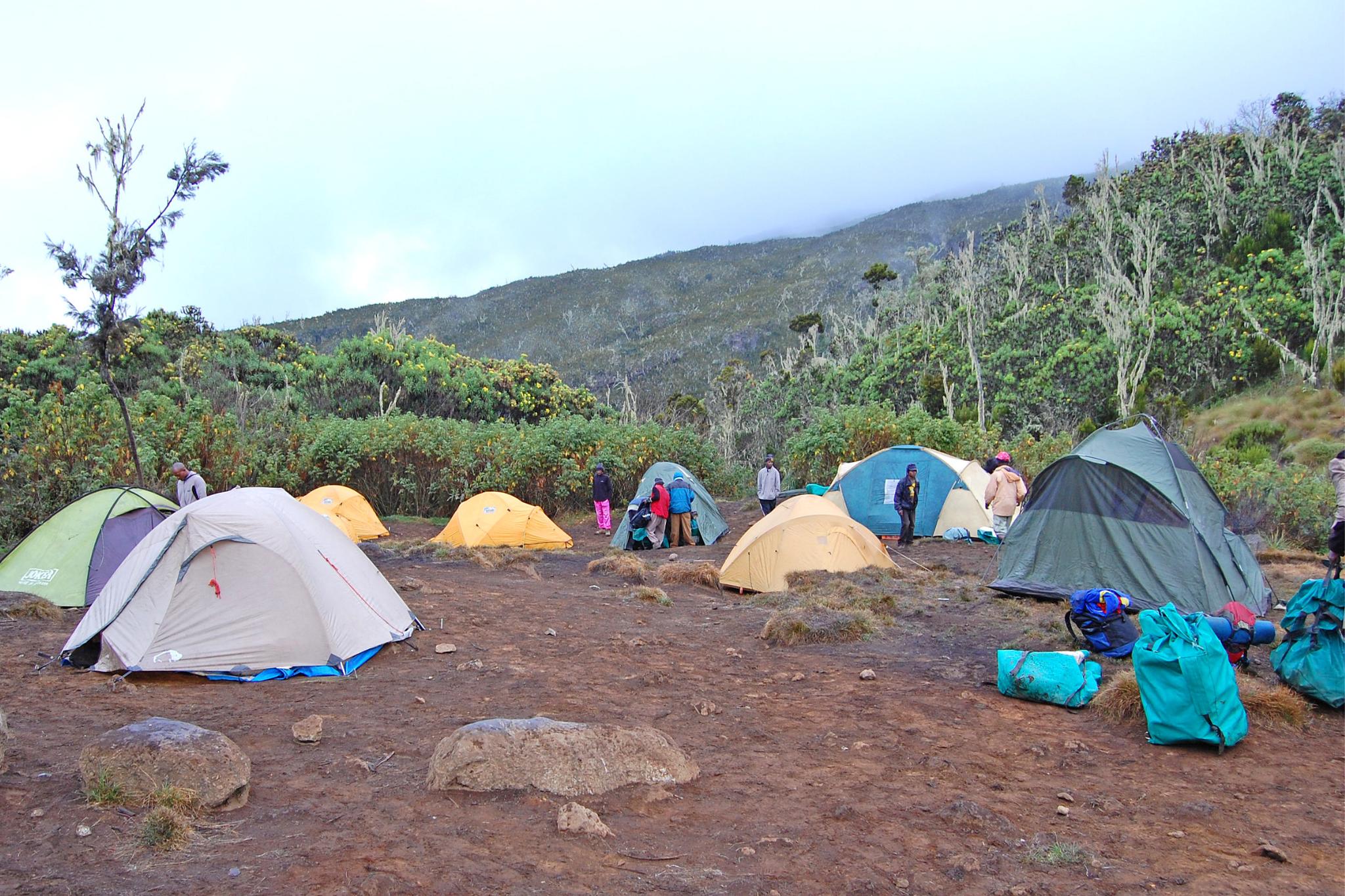 Camping in tents on the Machame Route on Mount Kilimanjaro.