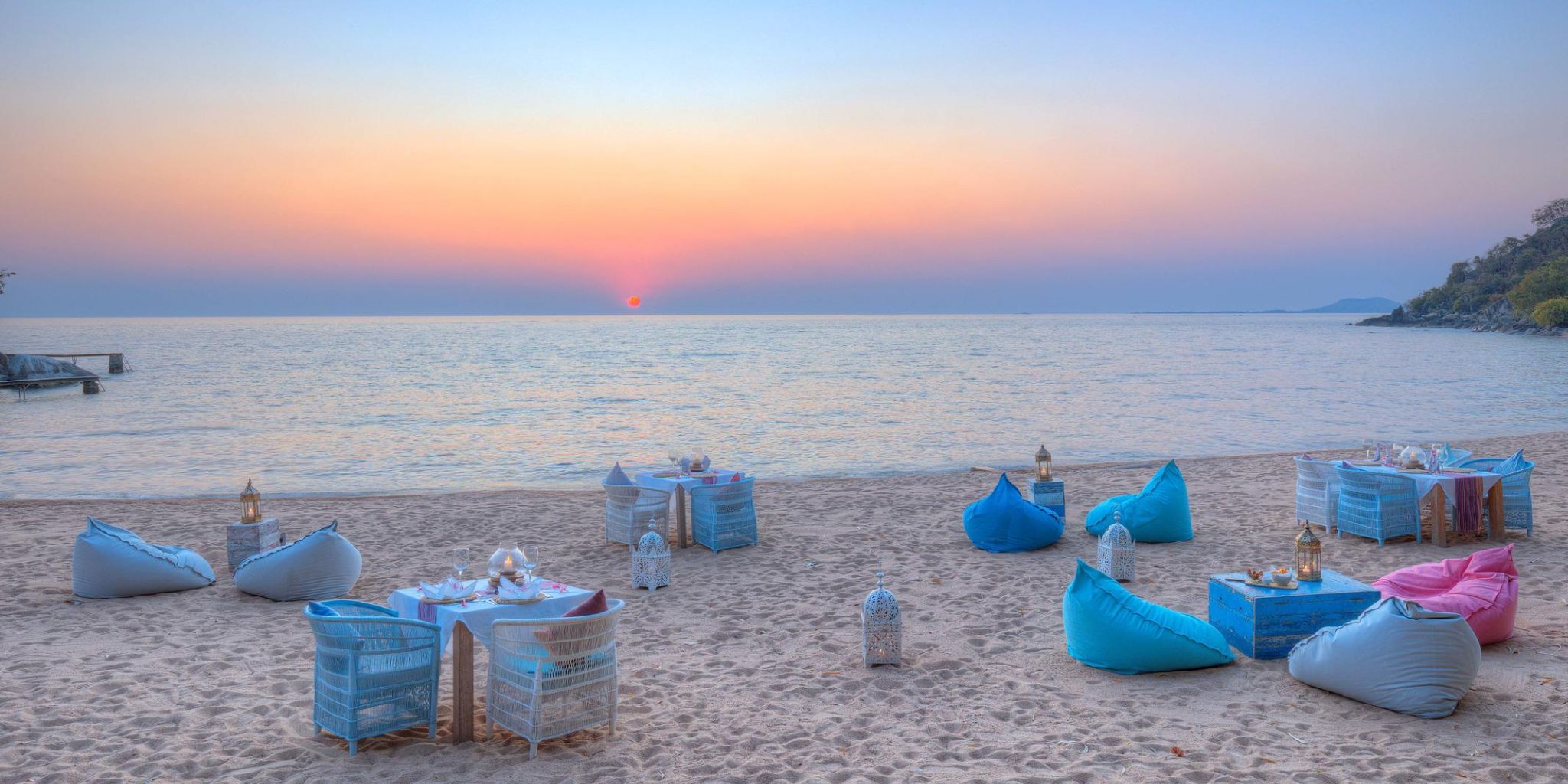 Sunset on luxurious white sandy beach