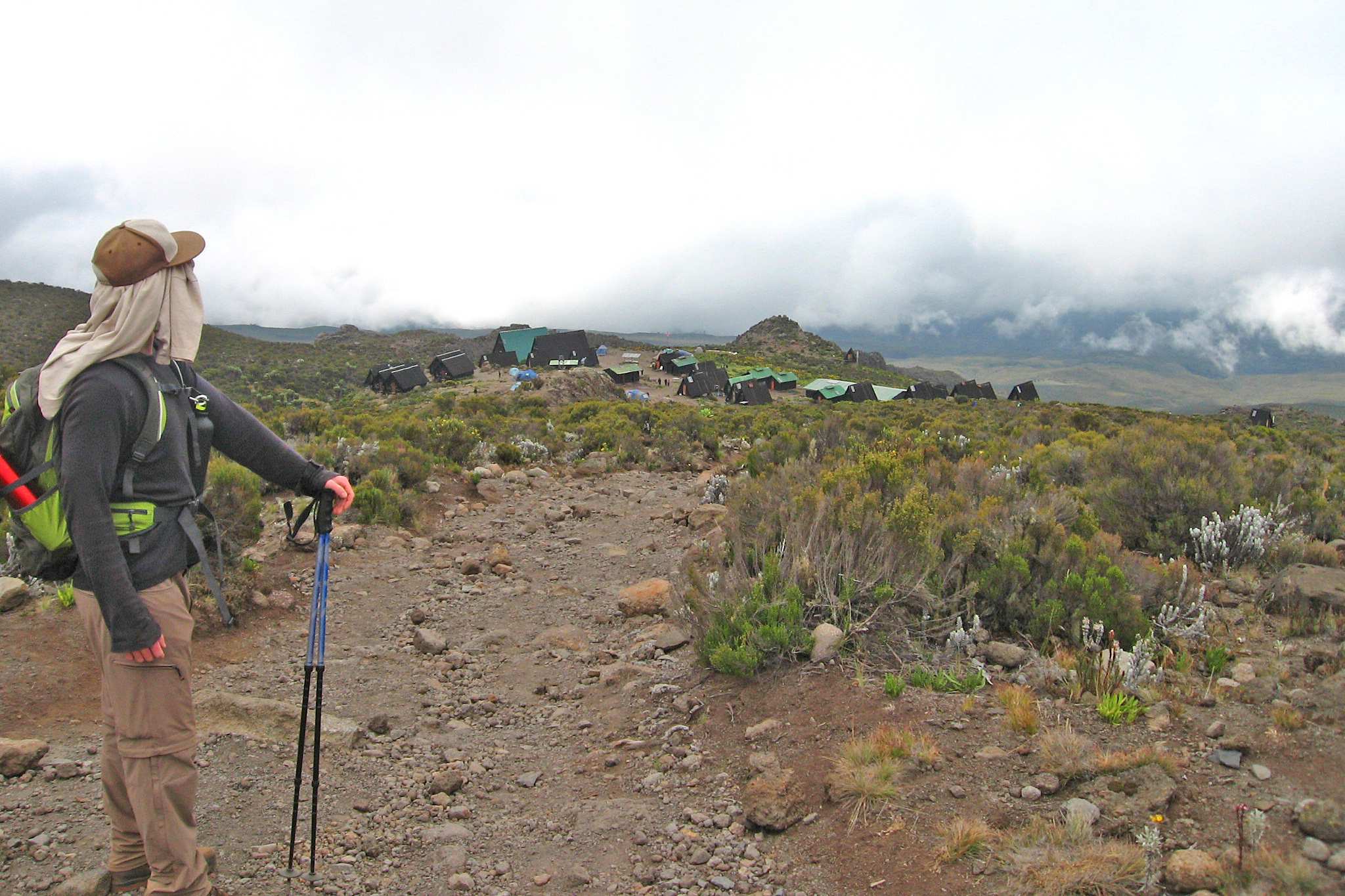 Hiker looking up a cloudy path Group trek Marangu Route