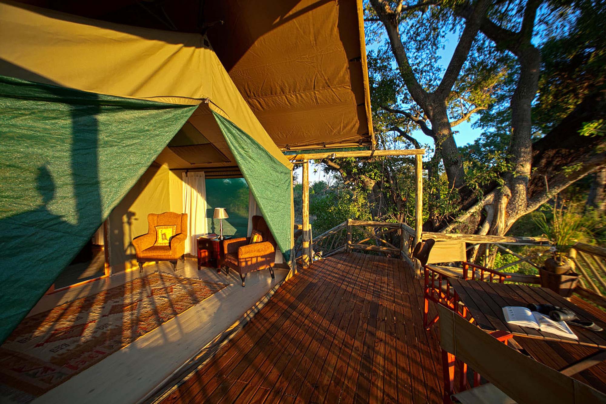 lounge and bar are situated under shady mangosteen trees and overlooks a scenic lagoon. As there is no electricity in the camp a wonderfully warm atmosphere is created by paraffin lamps. Activities are 60% land and 40% water – but dependant on water levels. Guests can choose from game drives