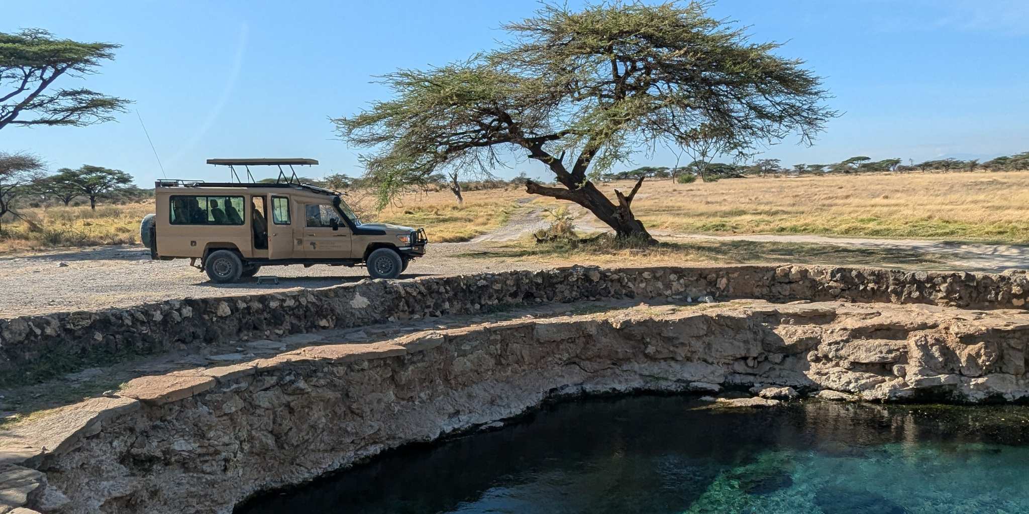 Safari vehicle pulled up next to a watering hole