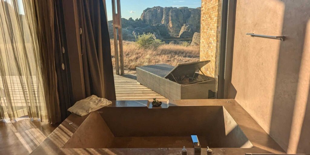 Luxury bathroom with stunning mountain views in Madagascar