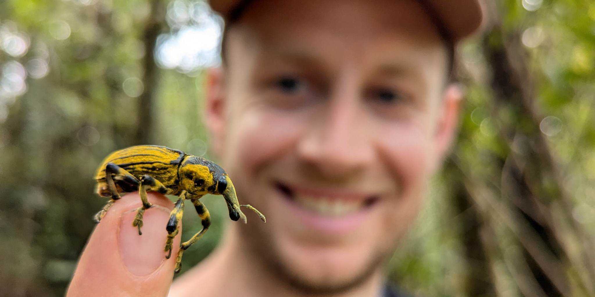Ben Dessen holding up a black and yellow insect close up to the camera
