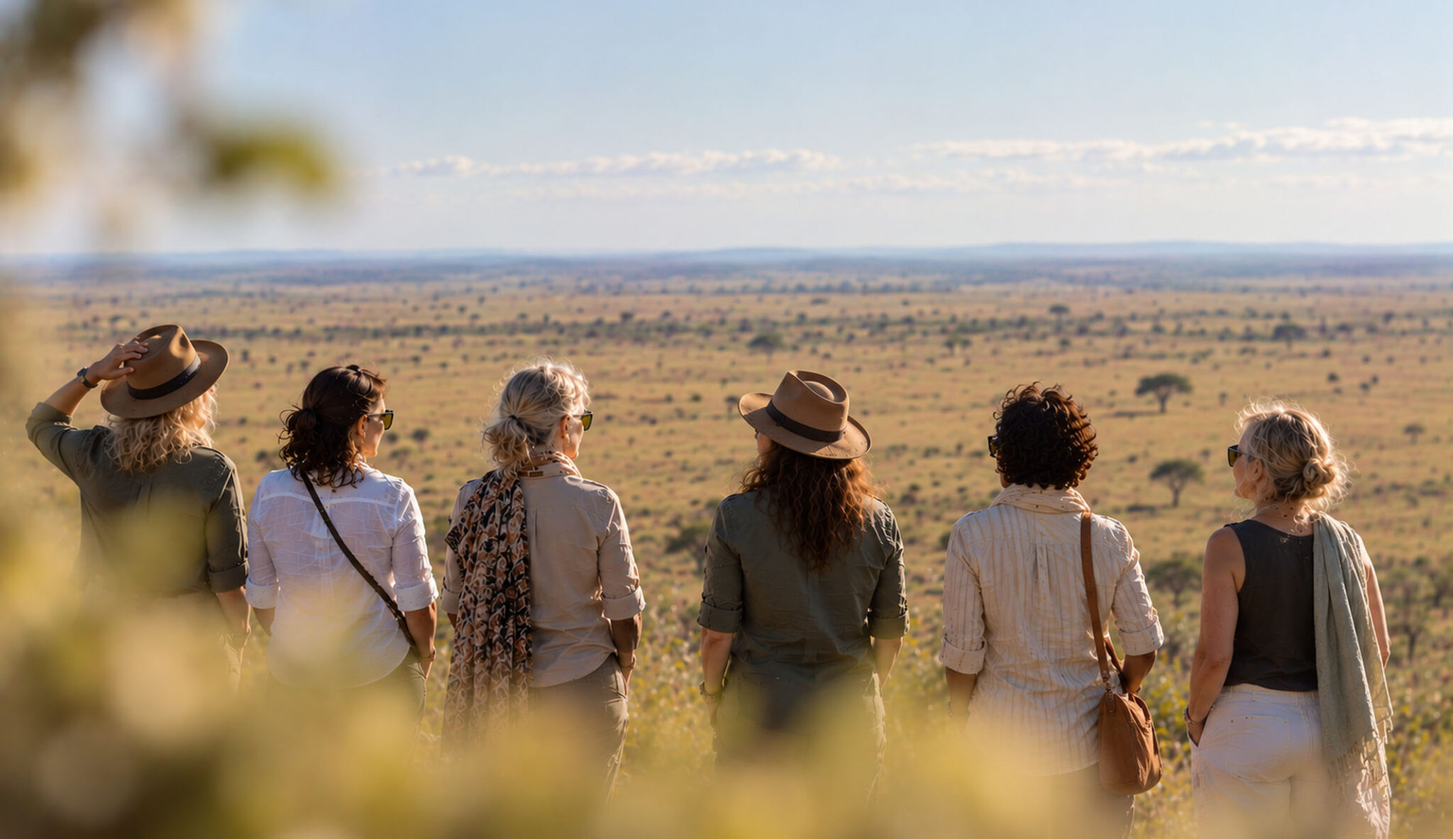 A group tour of women on safari in the Serengeti in Tanzania